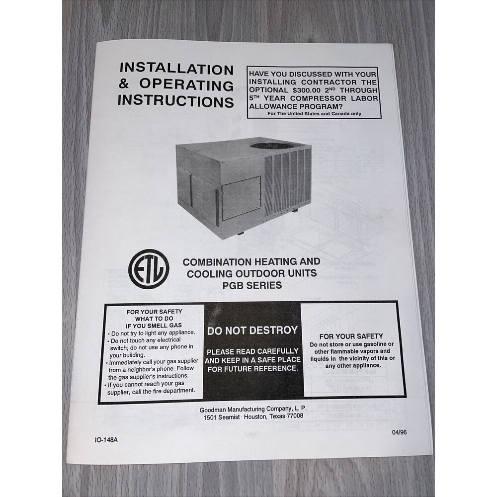 Owner’s Manual Goodman Manufacturing PGB Series Heat And Cooling Unit 1980s